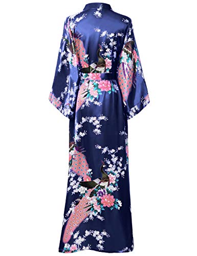 BABEYOND Kimono de Seda Vestido de Satén Kimono Pavo Real Novia Pijamas de Seda Bata de Satén (Azul oscuro)