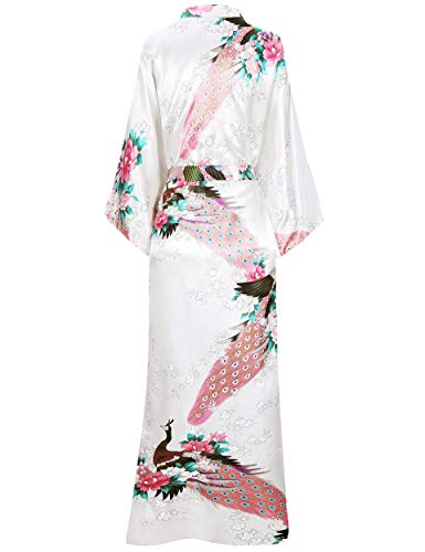 BABEYOND Kimono de Seda Vestido de Satén Kimono Pavo Real Novia Pijamas de Seda Bata de Satén (Blanco)