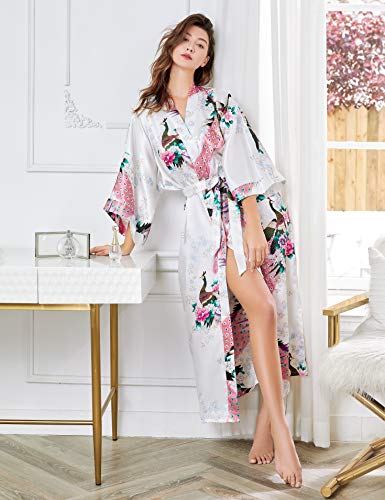 BABEYOND Kimono de Seda Vestido de Satén Kimono Pavo Real Novia Pijamas de Seda Bata de Satén (Blanco)