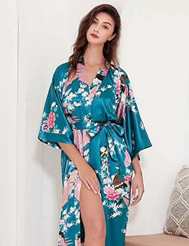 BABEYOND Kimono de Seda Vestido de Satén Kimono Pavo Real Novia Pijamas de Seda Bata de Satén (Turquesa)