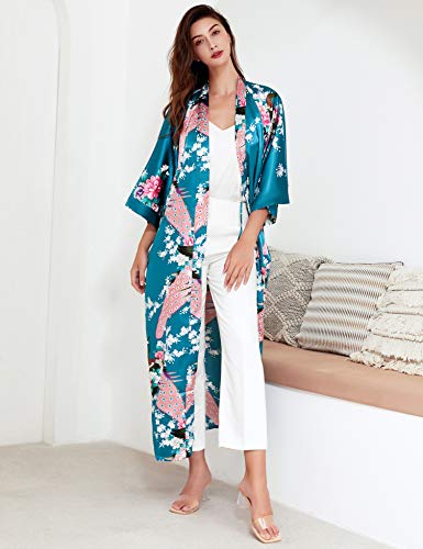 BABEYOND Kimono de Seda Vestido de Satén Kimono Pavo Real Novia Pijamas de Seda Bata de Satén (Turquesa)