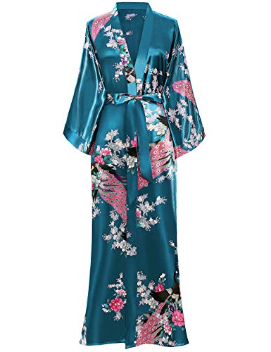 BABEYOND Kimono de Seda Vestido de Satén Kimono Pavo Real Novia Pijamas de Seda Bata de Satén (Turquesa)