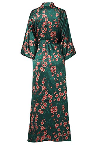 BABEYOND Kimono Floral Largo Bata Novia Kimono de Seda Túnica de Satén 1920s Ropa de Dormir Despedida de Soletera 135cm/53(Verde Oscuro)