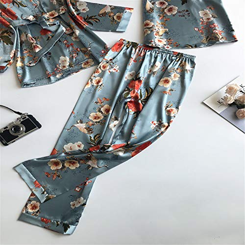 BABIFIS - Pijama para mujer, 3 piezas, con correa de satén, ropa de noche para mujer, diseño floral, de manga larga
