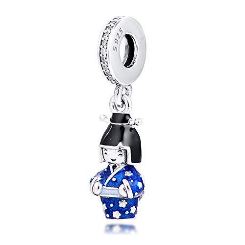 BAKCCI Muñeca japonesa de primavera 2020 en kimono azul colgante de plata 925 DIY se adapta a pulseras originales Pandora encanto joyería de moda