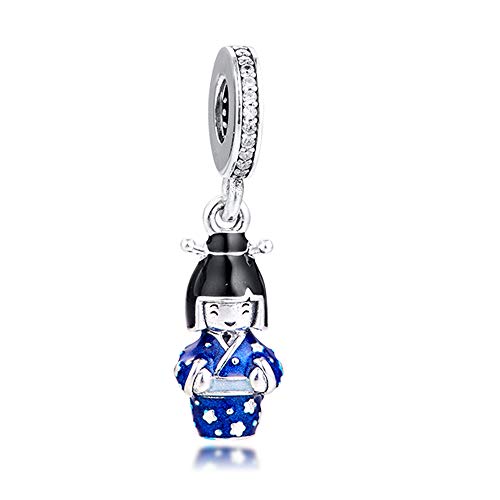 BAKCCI Muñeca japonesa de primavera 2020 en kimono azul colgante de plata 925 DIY se adapta a pulseras originales Pandora encanto joyería de moda