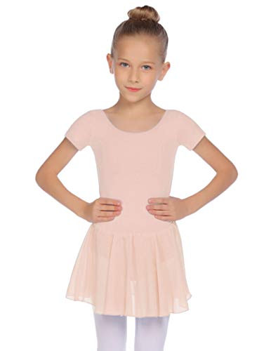 Balancora Vestido de ballet para niña, manga corta, algodón, maillot de ballet, vestido de danza, con falda tutú, 2-11 años, 110-160, rosa claro, 130