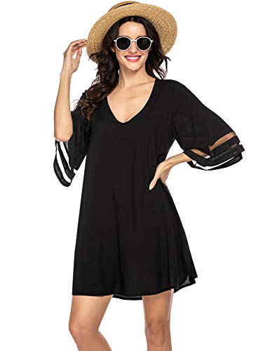 Balancora Vestido de playa para mujer, tallas grandes, corte holgado, gasa, sexy, encaje, bikini, cubierta de baño, elegante vestido de verano, S-XXL 1_negro L