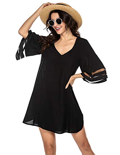 Balancora Vestido de playa para mujer, tallas grandes, corte holgado, gasa, sexy, encaje, bikini, cubierta de baño, elegante vestido de verano, S-XXL 1_negro L