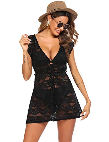 Balancora Vestido de playa para mujer, tallas grandes, sexy, encaje, traje de baño, elegante vestido de verano A-b black S