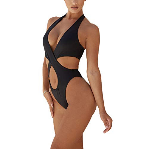 Bañador de Una Pieza Mujer Sexy Monokini Tanga Sexy Estampado Serpiente Traje de Baño con Tirantes para Verano Vacaciones (Negro, S)