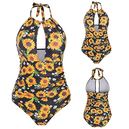 Bañador Estampado Girasol para Mujer Traje de baño de una Pieza sin Espalda Monokini Flores Amarillo XL
