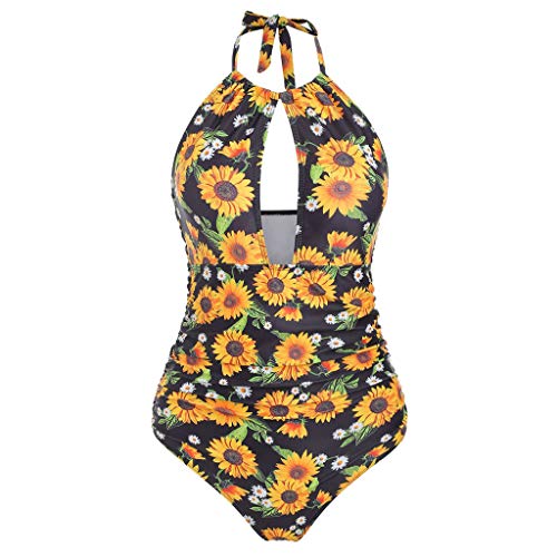Bañador Estampado Girasol para Mujer Traje de baño de una Pieza sin Espalda Monokini Flores Amarillo XL