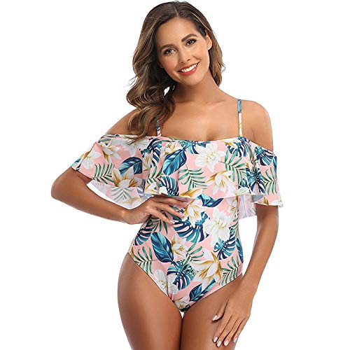 Bañador Faja Mujertraje De Baño Sexy Fuera del Hombro Traje De Baño De Una Pieza con Estampado Monokini Traje De Baño De Talla Grande Traje De Baño Traje De Baño-Pink_L