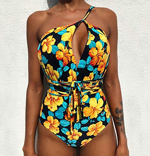 Bañador Halter Escote V Bandeau Traje de Baño Mujer Bañadores Una Pieza Mujer Playa Natacion Bikinis de Flores con Relleno Monokini Bikini Push Up Señora Trajes de Baño Enteros Piscina Biquini XL