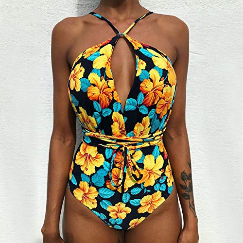 Bañador Halter Escote V Bandeau Traje de Baño Mujer Bañadores Una Pieza Mujer Playa Natacion Bikinis de Flores con Relleno Monokini Bikini Push Up Señora Trajes de Baño Enteros Piscina Biquini XL