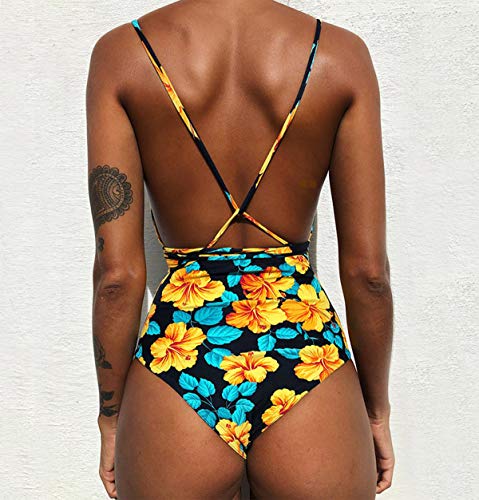 Bañador Halter Escote V Bandeau Traje de Baño Mujer Bañadores Una Pieza Mujer Playa Natacion Bikinis de Flores con Relleno Monokini Bikini Push Up Señora Trajes de Baño Enteros Piscina Biquini XL