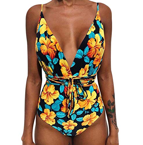 Bañador Halter Escote V Bandeau Traje de Baño Mujer Bañadores Una Pieza Mujer Playa Natacion Bikinis de Flores con Relleno Monokini Bikini Push Up Señora Trajes de Baño Enteros Piscina Biquini XL