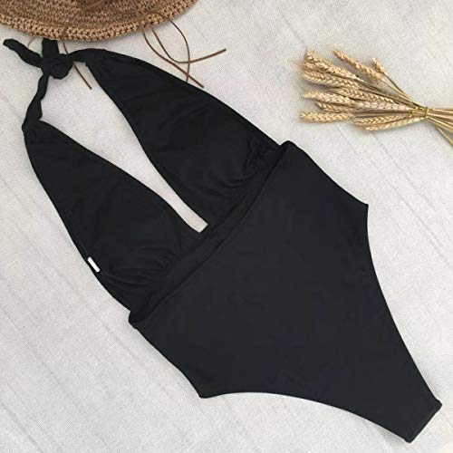 Bañador Halter Escote V Vientre Plano Una Pieza Traje de Baño Mujer Bañadores Playa Natacion Mujer Bikinis con Relleno Monokini Bikini Push Up Señora Trajes de Baño Enteros Piscina Biquini Negro L