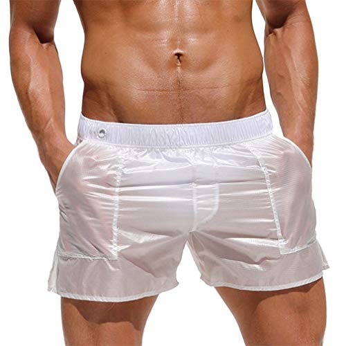 Bañador para Hombre, Pantalones Cortos de Los Transparente Hombres de Secado Rápido Playa Surf Corriendo Pantalones Cortos de Natación Boxeadores (EU L=Tag XL, Blanco)