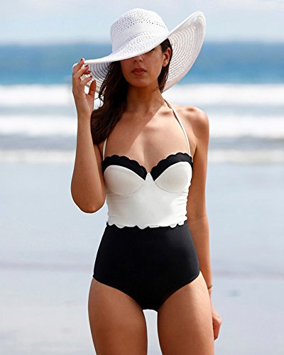 Bañador Retro 50s Cuello Halter Traje de Baño Una Pieza Bikini con Aro Monokinis Blanco L