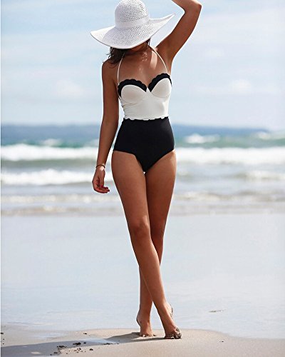 Bañador Retro 50s Cuello Halter Traje de Baño Una Pieza Bikini con Aro Monokinis Blanco XL