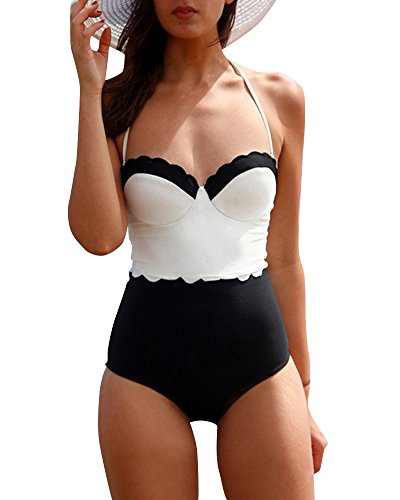 Bañador Retro 50s Cuello Halter Traje de Baño Una Pieza Bikini con Aro Monokinis Blanco XL