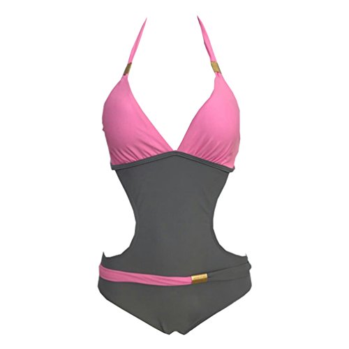 Bañadores Mujer Bikini Escote Halter Monokini Trajes de Baño Señora Traje de Baño Bikinis Mujeres Trikini Bañador Natacion Push Up de Una Pieza Juveniles Trikinis Bañadores Espalda al Aire Rosa XL