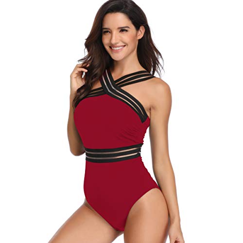 Bañadores Mujer Leopardo Natacion Trajes de Baño de Una Pieza Bikinis Tallas Grandes Trikini Bañador Moldeador Vientre Plano Piscina Surf Traje de Baños Mujeres Gordita Banadores de Señora Vino Rojo S