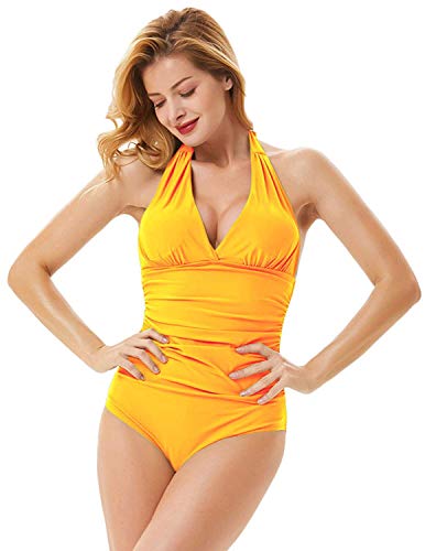 Bañadores para Mujer Control de la Barriga Pierna Alta Acolchado de una Pieza Halter Bikini Traje de baño (Amarillo, M)