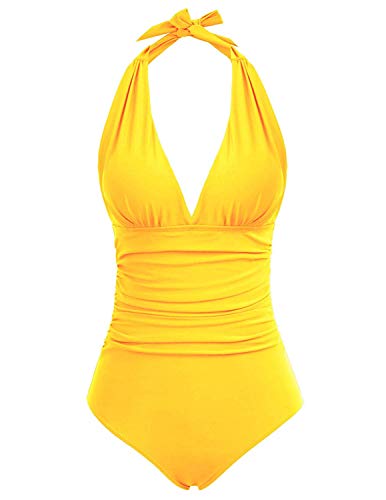 Bañadores para Mujer Control de la Barriga Pierna Alta Acolchado de una Pieza Halter Bikini Traje de baño (Amarillo, M)