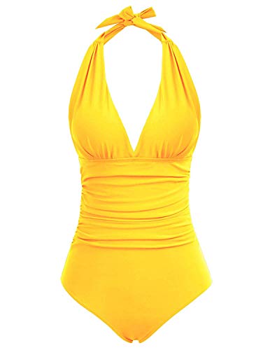 Bañadores para Mujer Control de la Barriga Pierna Alta Acolchado de una Pieza Halter Bikini Traje de baño (Amarillo, M)