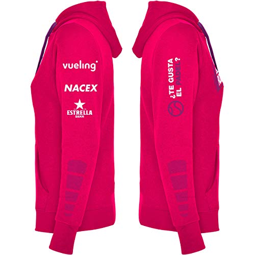 Barcelona Padel Tour | Sudadera para Mujer con Capucha Bicolor, Bolsillo Canguro y Estampación Especial de Pádel con Patrocinadores Nacex Estrella Damm Vueling | Ropa Deportiva Rosa Fucsia XL