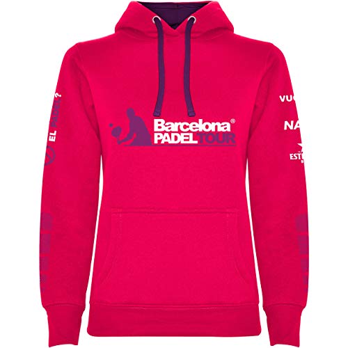 Barcelona Padel Tour | Sudadera para Mujer con Capucha Bicolor, Bolsillo Canguro y Estampación Especial de Pádel con Patrocinadores Nacex Estrella Damm Vueling | Ropa Deportiva Rosa Fucsia XL