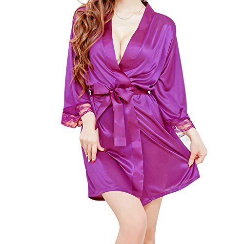 Bata Estilo Kimono De Noble Look Satin Negligee Traje Tamaños Cómodos De Seda Corto Elegante Moda Manga Larga con Cuello En V Satén Camisón Vestido De Noche (Color : Lila, Size : One Size)