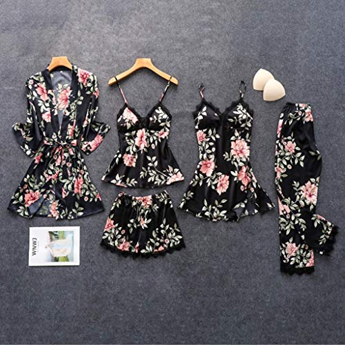 Bata Kimono Mujer, 5 Piezas Seda Satén Corto Kimono Bata Pijama Vestido de Encaje Conjunto de Lencería Albornoz Vestido de Dama de Honor de Camisón