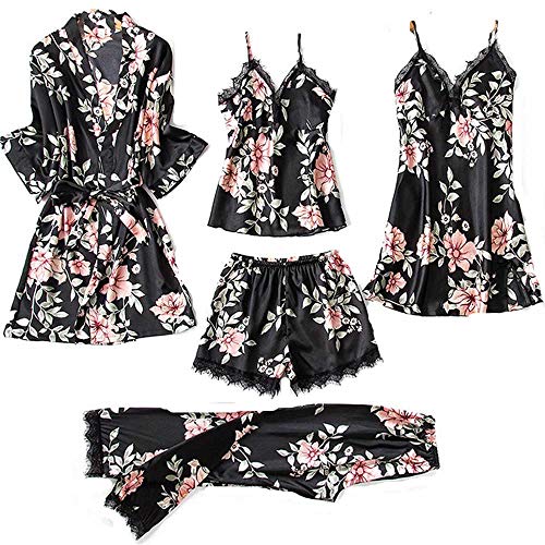 Bata Kimono Mujer, 5 Piezas Seda Satén Corto Kimono Bata Pijama Vestido de Encaje Conjunto de Lencería Albornoz Vestido de Dama de Honor de Camisón