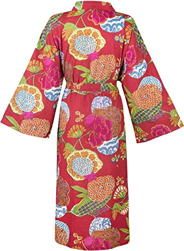Batas de algodón orgánico para Mujeres y Hombres. Albornoces de Kimono Fresco. Impresos a Mano, cultivados orgánicamente, Hechos éticamente. Talla única 38-46 (Red Tropical)