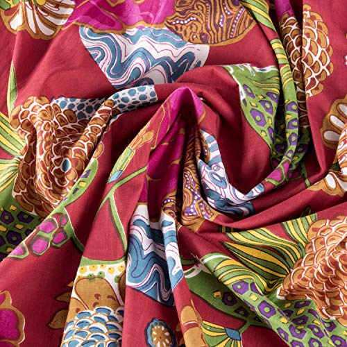 Batas de algodón orgánico para Mujeres y Hombres. Albornoces de Kimono Fresco. Impresos a Mano, cultivados orgánicamente, Hechos éticamente. Talla única 38-46 (Red Tropical)