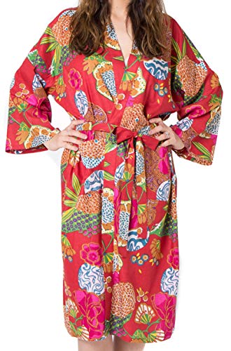 Batas de algodón orgánico para Mujeres y Hombres. Albornoces de Kimono Fresco. Impresos a Mano, cultivados orgánicamente, Hechos éticamente. Talla única 38-46 (Red Tropical)