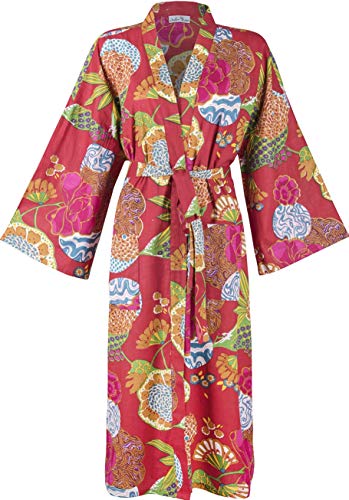Batas de algodón orgánico para Mujeres y Hombres. Albornoces de Kimono Fresco. Impresos a Mano, cultivados orgánicamente, Hechos éticamente. Talla única 38-46 (Red Tropical)