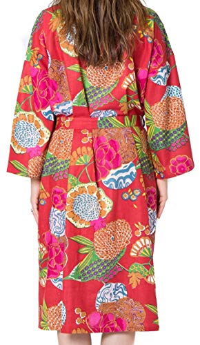 Batas de algodón orgánico para Mujeres y Hombres. Albornoces de Kimono Fresco. Impresos a Mano, cultivados orgánicamente, Hechos éticamente. Talla única 38-46 (Red Tropical)