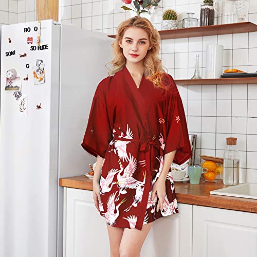 Batas de Mujer de Seda Kimono Japones Ropa de Dormir Verano Pijama Boda Sexy Bata de Mujer Corto Satén Novia