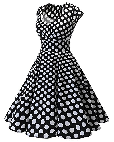 Bbonlinedress Vestido Corto Mujer Retro Años 50 Vintage Escote En Pico Black White BDot XL
