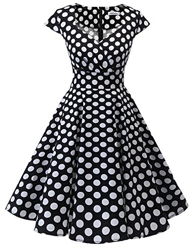 Bbonlinedress Vestido Corto Mujer Retro Años 50 Vintage Escote En Pico Black White BDot XL
