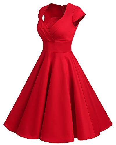 Bbonlinedress Vestido Corto Mujer Retro Años 50 Vintage Escote En Pico Red XL
