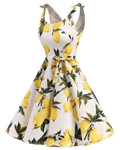 Bbonlinedress Vestidos de 1950 Estampado Vintage Retro Cóctel Rockabilly con Lazo Lemon 3XL