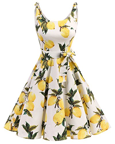 Bbonlinedress Vestidos de 1950 Estampado Vintage Retro Cóctel Rockabilly con Lazo Lemon 3XL