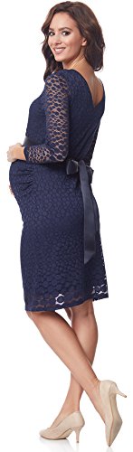 Be Mammy Elegante Vestido Premamá de Encaje Embarazo Manga 3/4 Ropa Verano BE20-209 (Azul Marino, S)