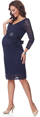 Be Mammy Elegante Vestido Premamá de Encaje Embarazo Manga 3/4 Ropa Verano BE20-209 (Azul Marino, S)